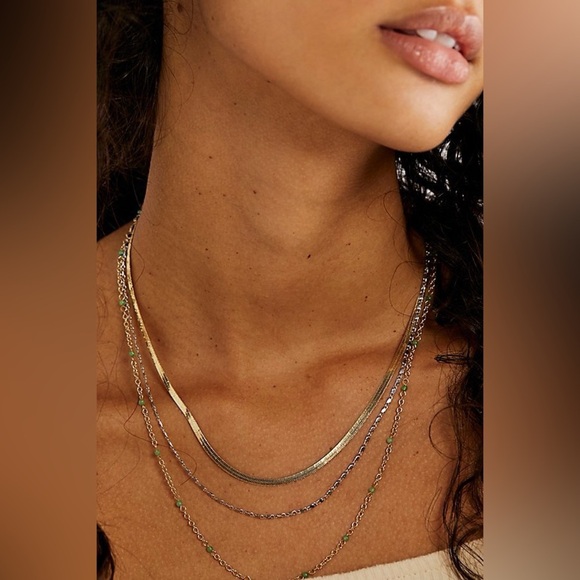 New Free People Everything I Wanted Layered Necklace Gold Blue Stones Turquoise - Picture 2 of 11